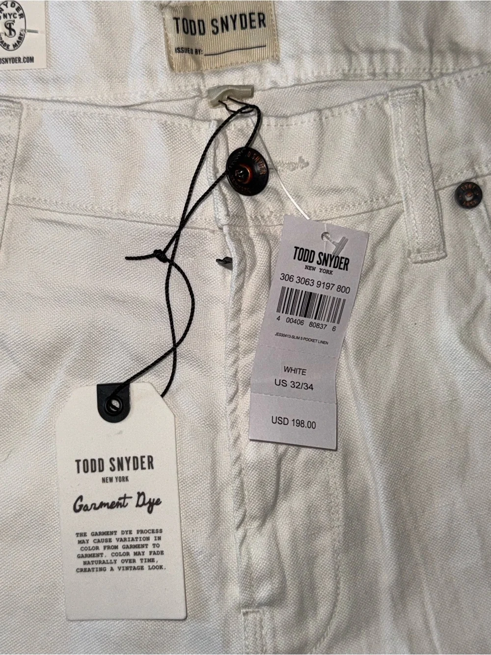 Todd Snyder Slim Fit White Cotton Linen Jeans Men’s 32x34 NWT  men’s white pants